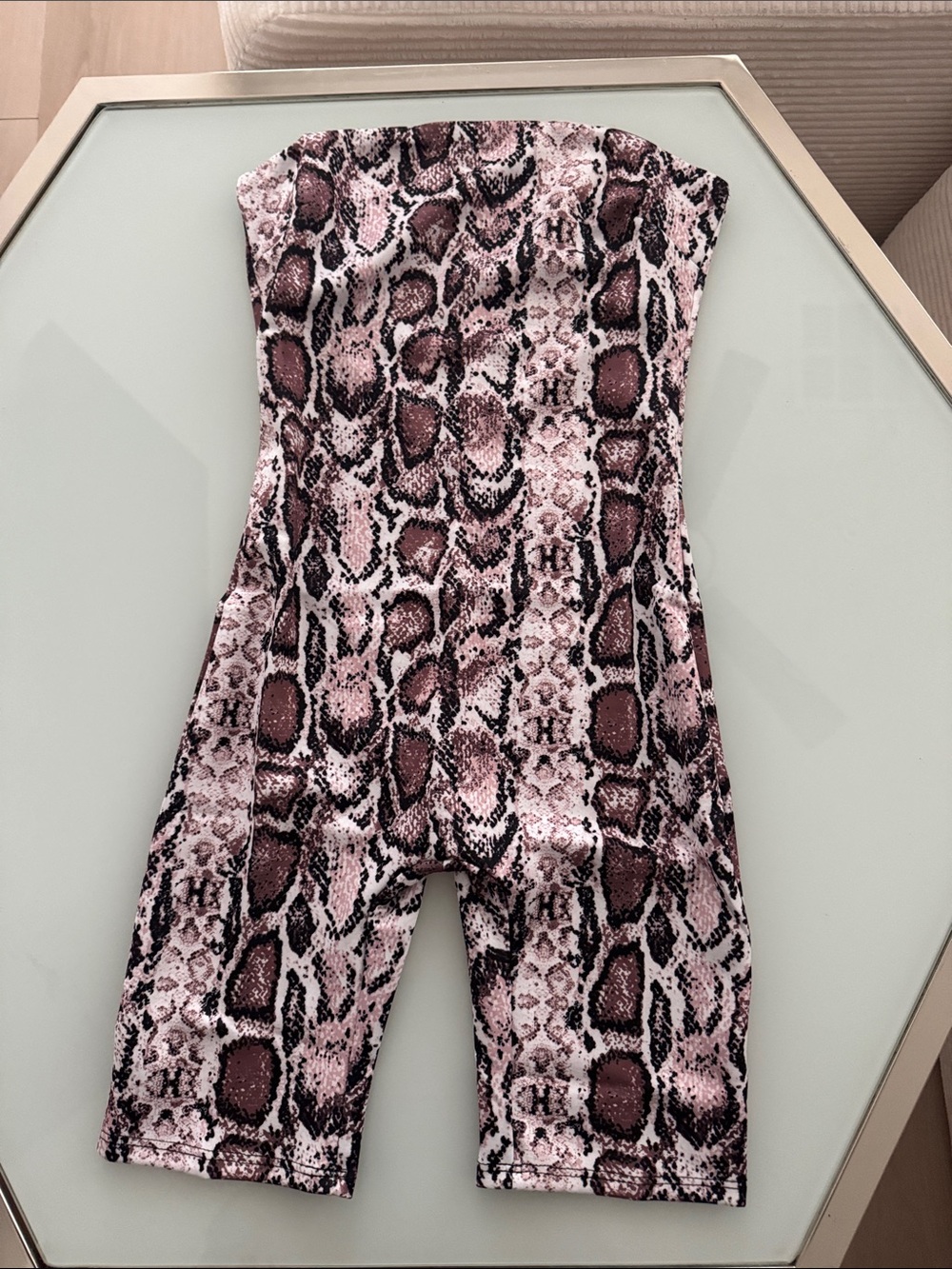 Snake Print Strapless Biker Romper in Pink and Black